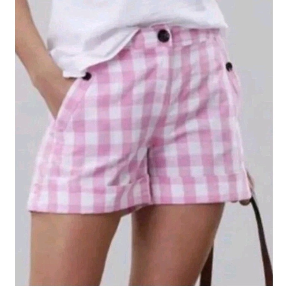 Joules Pink White Plaid Lydia Print Cuffed Cotton Linen Short Sz 2 Girlhoodcore